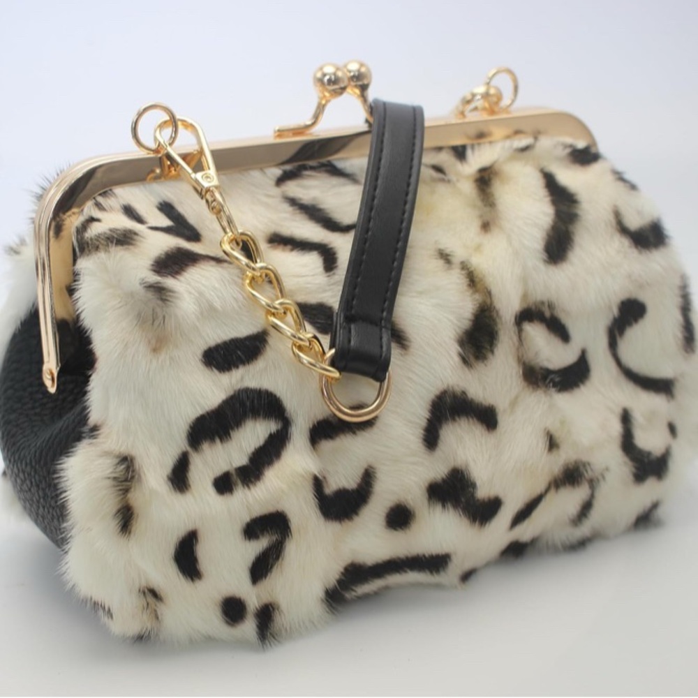 Leopard Print Genuine Mink Fur KISS-lock Handbag with Gold Chain - Picture 5 of 8